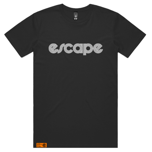 A black short-sleeve crewneck t-shirt featuring the word 'escape' printed across the chest in a stylized, light gray outline font. A small orange tag is visible near the bottom left hem.
