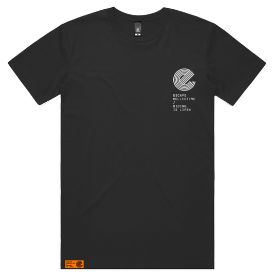 A black short-sleeve crewneck t-shirt with a white circular graphic and text on the left chest reading 'ESPERA COLLECTIVE FIGHT IS LIGHT'. It features a small orange tag near the bottom left hem and a small brand tag inside the collar.