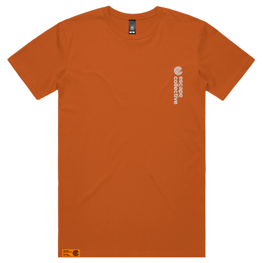 An orange short-sleeve crewneck t-shirt with a small white vertical 'carhartt collective' logo printed on the left chest, displayed flat against a white background.
