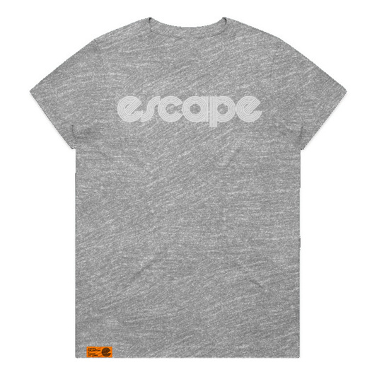 A heather gray short-sleeve t-shirt with the word 'escape' printed in a light gray bubble font across the chest, featuring a small orange label on the bottom left hem.