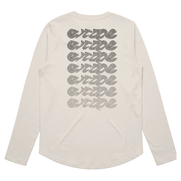 An off-white long-sleeve t-shirt shown from the back, featuring a stacked graphic print of the word 'extreme' in a gray wavy font repeated vertically.