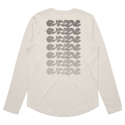 An off-white long-sleeve t-shirt shown from the back, featuring a stacked graphic print of the word 'extreme' in a gray wavy font repeated vertically.