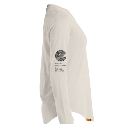 An off-white long-sleeve t-shirt shown from a side profile view against a plain white background. The shirt features a black circular graphic and the text 'ESCAPE COLLECTIVE WEARING IS LIFE' printed on the left sleeve, with a small orange tag near the bottom hem.