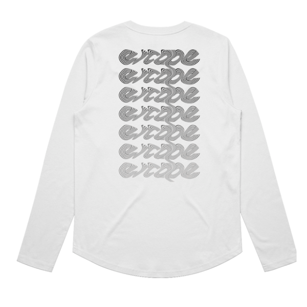 A white long-sleeve t-shirt shown from the back, featuring a vertical stack of gray 'chape' logos printed on the back.