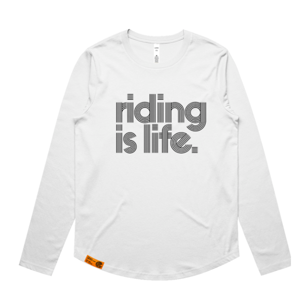 womens white longsleeve top with text riding is life in black